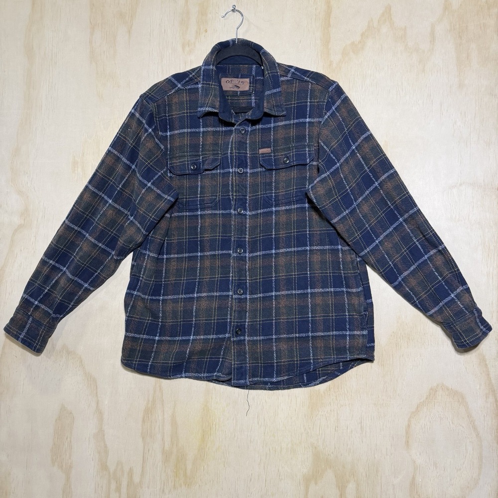 Orvis Flannel Shirt Mens L‎ Blue Plaid Button Up Heavy Cotton Outdoor Work